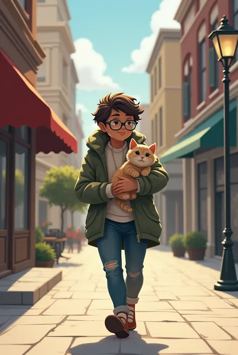 A small  carrying the kitten as it walks down the street