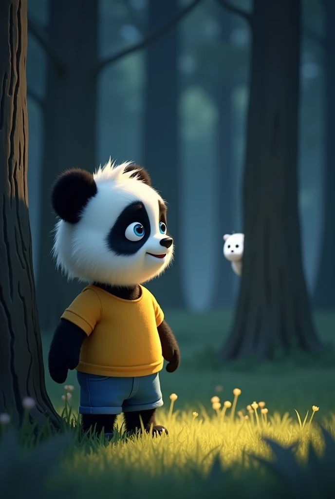 Panda notices a shadow:
"A Pixar-style cartoon scene featuring the fluffy baby panda with a soft mane, big blue eyes, a yellow t-shirt, and blue shorts, looking curiously at a faint white shadow hiding behind tall trees in the forest. The shadow is peeking...