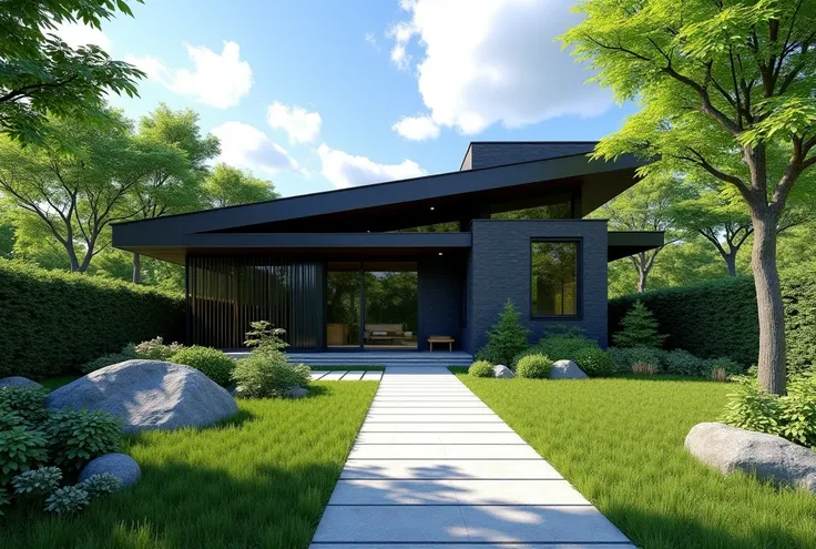 A modern Japanese house with a dark brick exterior and a slanted roof, surrounded by lush greenery. The entrance features a clean, minimalist stone pathway leading through a beautifully landscaped garden, lined with a variety of trees, shrubs, and decorati...