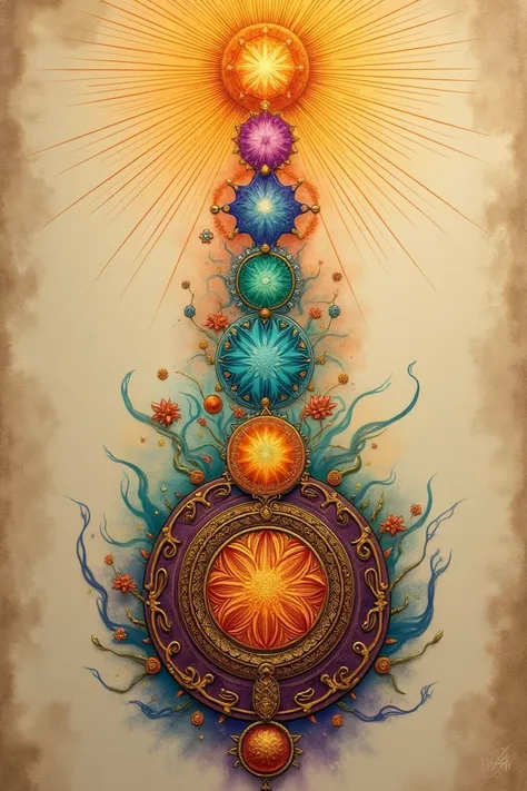 **Tattoo Design Prompt:**

Create a tattoo design that beautifully combines the seven chakras and the Seal of King Solomon. The chakras should be represented with their traditional colors and symbols, flowing vertically along the spine or in a circular arr...