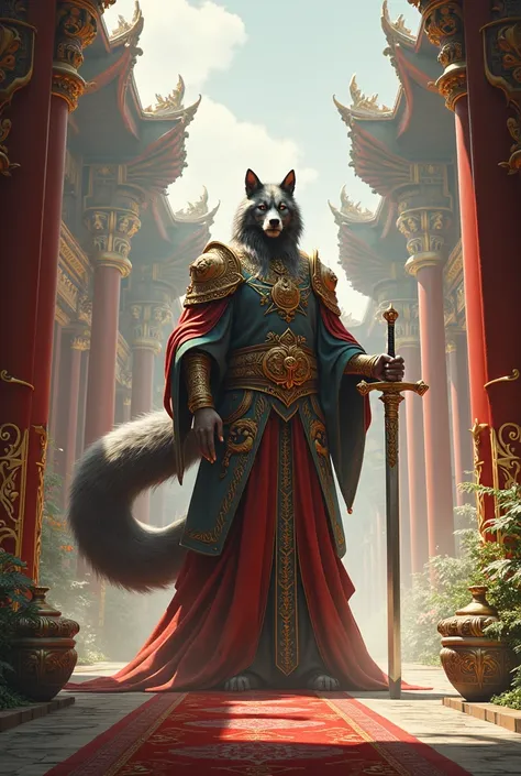 A sword-wielding emperor with a giant wolfs tail in a magnificent palace courtyard