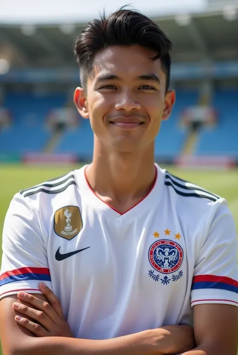 Real photo of a handsome black haired Indonesian young man with bright white skin sweet smile with white skin
Ideal body 
 wearing Dutch national team jersey and shorts 
Background at Sibolga stadium in North Sumatra 