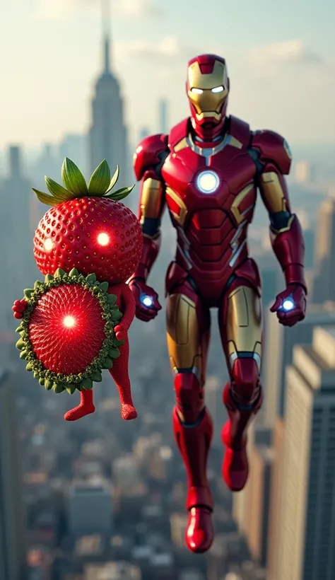 "Iron Man, in his sleek red and gold armor, hovers above the city with his repulsors glowing brightly. Beside him is an anthropomorphic Red Strawberry, its body a smooth, vibrant red with small seeds and a crown of leafy green. The strawberry holds a shiel...