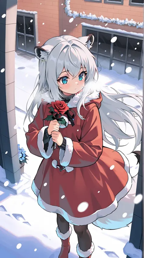 its snowing,girl dressed as Santa alone outside, her silver hair, ears and flowers turning red from the cold, anime, anime style,  atmospheric perspective, UHD, retina, masterpiece, accurate, anatomically correct, super detail , high details, high quality,...