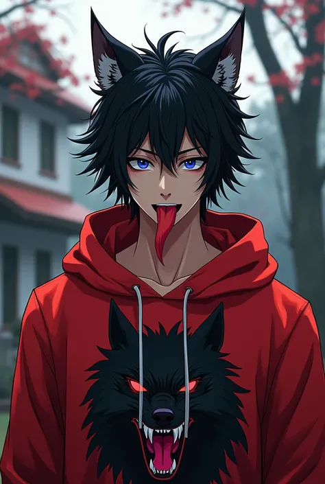 Anime man, handsome, strong, with fangs, black hair, two eyes, in front of the house, shaggy hair, red hoodie, wolf print, handsome tongue.