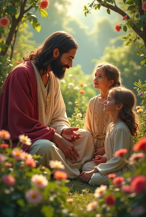 Jesus in a beautiful flowery garden sitting talking with a boy and a  