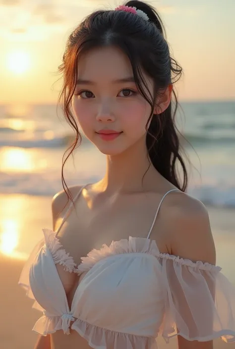 ( top quality , 8k)、 a young beautiful girl、 Extremely Beautiful Face 、 A detailed face 、sharp face,、Liu Yemei、 Brilliant Smile、 Perfectly hydrated Lips 、 on the beach under the sunset 、water elf、Bare shoulders、Topless、Full body facing the camera、 Black Lo...