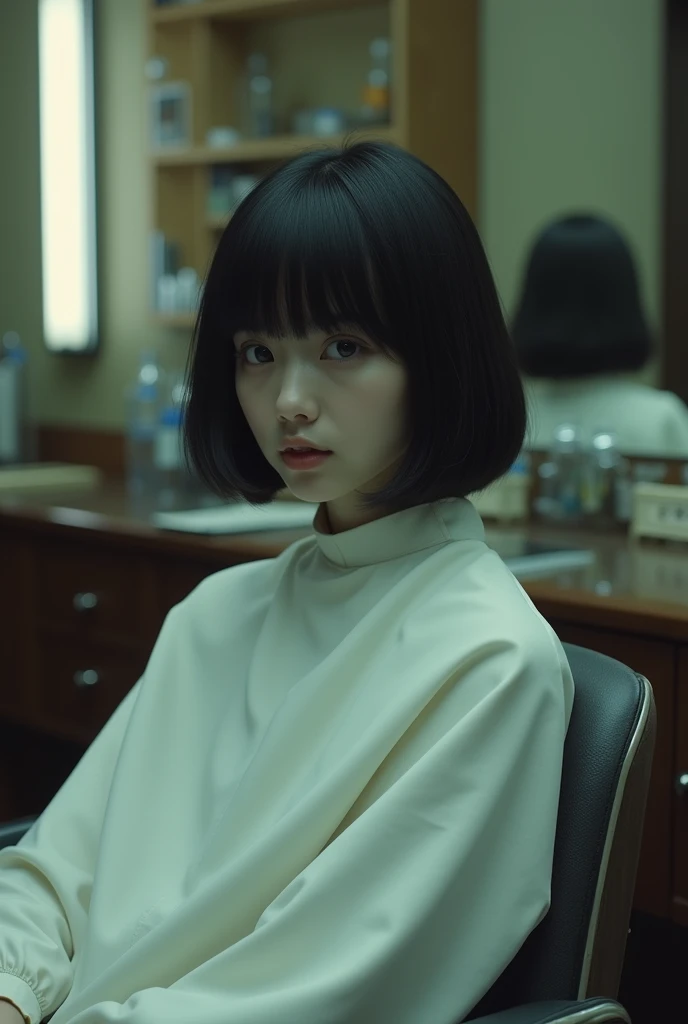  One Girl ,  black hair, bangs,  Bob Haircuts ,  Im wearing a white poncho for a haircut ,  sitting on a barber chair with her back stretched out,  inside an old Showa retro barber shop , Mental Silence , Transcendent Silence,  absurd ,anxiety、regret、  Hig...