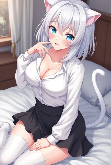 ( masterpiece fails,  top quality :1.2),  1girl,  blue eyes ,  big breasts,  looks at the viewer,  white hair,  looks at the viewer, ahoge, ,black skirt, White shirt, white stockings,  sitting on the bed, pink panties are visible,  cat ear and tail filter 