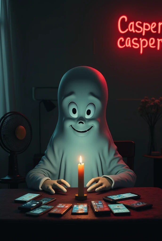 Caspers ghost with a scary smile is in a dark room and uses a candle as a light. was sitting and in front of him there was a table and there were several cellphones floating in a row in front of him and there was a fan in front of him. and there was longis...