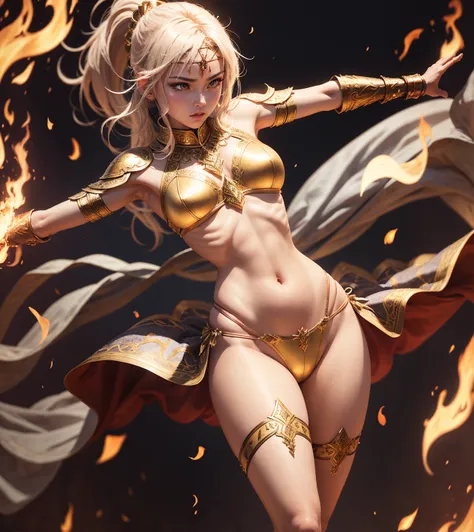 "Form a legendary warrior ,  equipped with shining armor and surrounded by dancing flames that exalt your strength and courage.&quot;, She wears a metal thong, seminua, SHOWING BELLY, GOLDEN THREAD THONG
