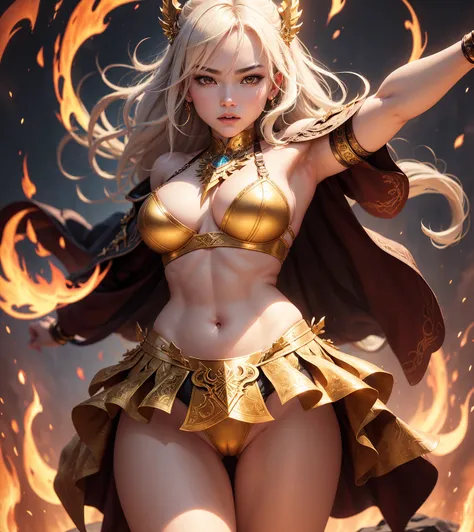 "Form a legendary warrior ,  equipped with shining armor and surrounded by dancing flames that exalt your strength and courage.&quot;, She wears a metal thong, seminua, SHOWING BELLY, GOLDEN THREAD THONG
