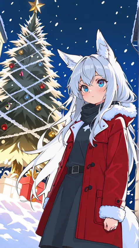 Christmas illuminations, Christmas tree,its snowing,girl dressed as Santa alone outside, her silver hair, ears and flowers turning red from the cold, anime, anime style,  atmospheric perspective, UHD, retina, masterpiece, accurate, anatomically correct, su...