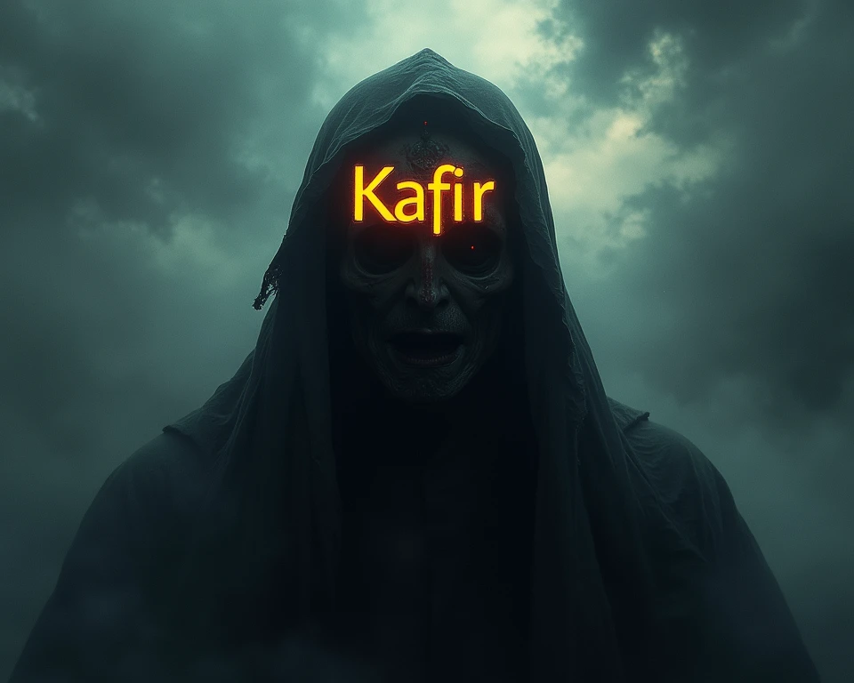 Generate an image of a dark, foreboding scene, with an abstract representation of the Dajjal. His forehead should be inscribed with the word "Kafir" in bold, glowing letters. The surroundings should be unsettling, with a twisted sky and a stormy atmosphere...