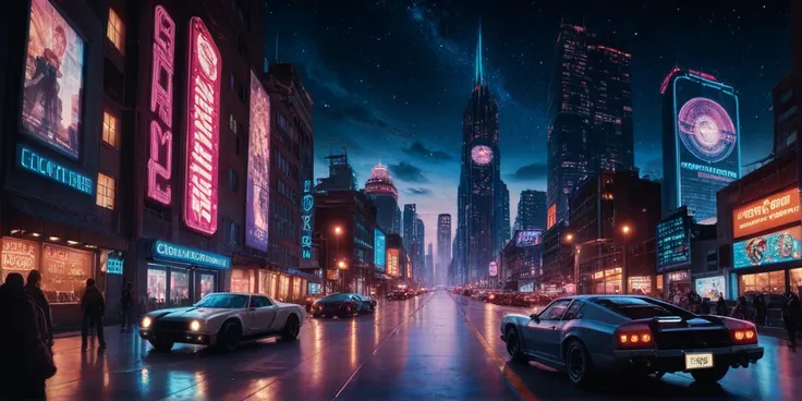 city of the future, night city, neon signs, Electronic devices, a large number of skyscrapers,  flying cars of the future in the sky ,  starry sky , The Moons Radiance,  lines of motion ,  Highly detailed ,  art nouveau style, Concentration line, Lens glar...