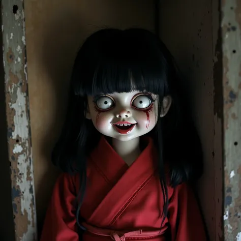  very creepy baby doll 、Horror、 open her mouth , bangs,  black hair,  very long hair, Bangs, Disheveled Hair, Shake your hair, Super long hair, Hair in the eyes, Too much hair, Roll your eyes, White Eyes, White eyeball,  Crazy Eyes ,  crazy smile ,  very t...