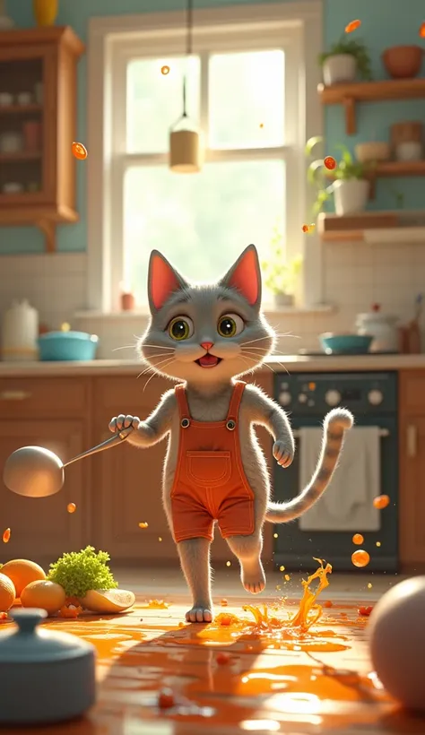 The humanoid cat tries to cook dinner but accidentally knocks over everything in the kitchen. Instead of cooking, they end up chasing a runaway bowl of soup.