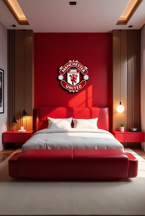 A red mdf wood bed with a manunited logo on the top of the bed