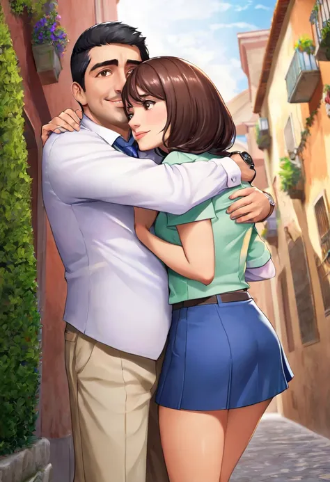  Eduardo hugging the woman from behind, with the penis showing ,  and the woman in the short skirt 