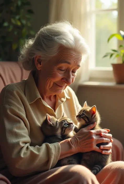 The elderly woman gently stroking the kittens (Vertical (9:16)) An elderly woman gently stroking the kittens