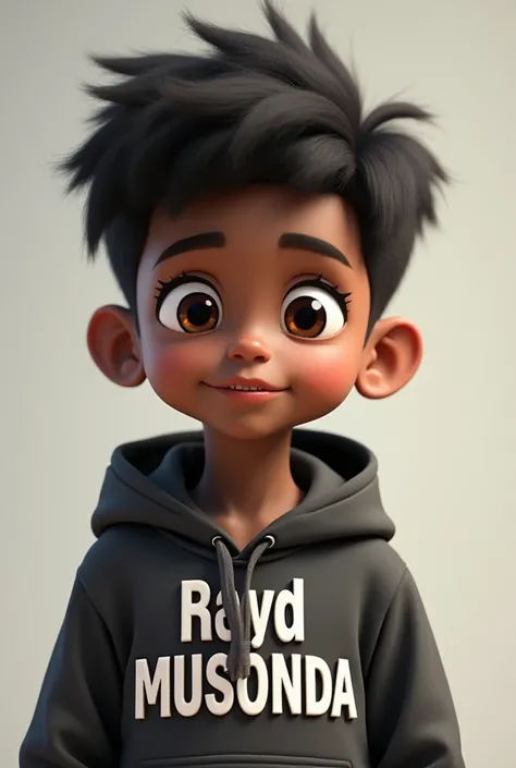 A boy with black hair and big eyes with a hoodie written royd MUSONDA