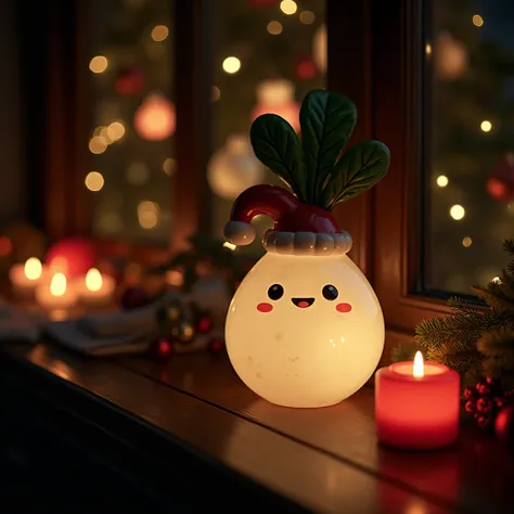 masterpiece, pitch-dark room ,,Focus on ornaments,milky white radish character (a Japanese radish character) Ornament , ornaments give off light , little Santa Claus hat,Highlight light and dark , contrast , high image quality