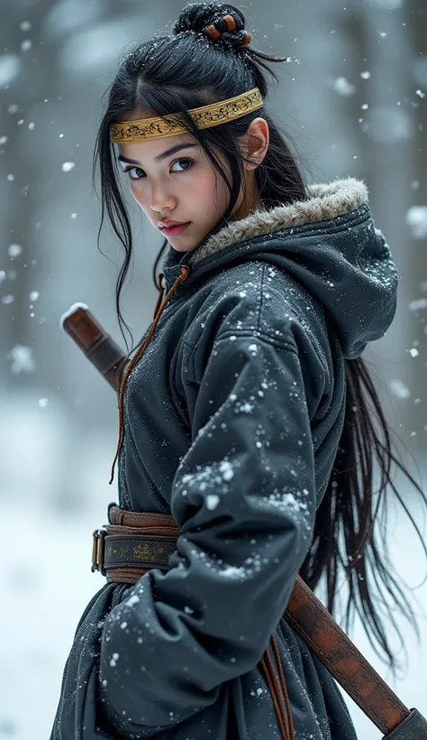 real fullbody shot,Beautiful detailed ninja girl,amazing body standing,Very detailed eyes and face,Beautiful detailed nosePerfect anatomy Sexy, stand in the snow,wearing a thin golden headband,in attack position, Philippine Hair Rings, 