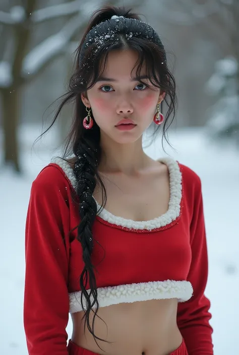 Annoyed expression, EARRINGS, rubor, (Santa Claus cropped top), looking at viewer, Snow and cold, (Slim Body), portrait.