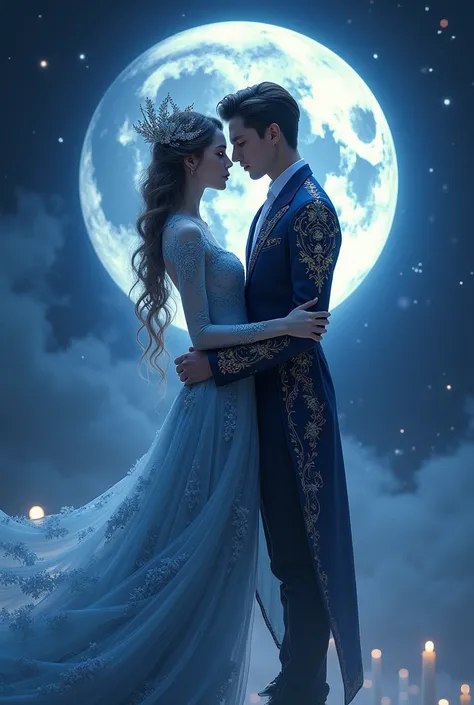 Mysterious looking moon goddess with night sky shades and a very handsome man in a beautiful dress 