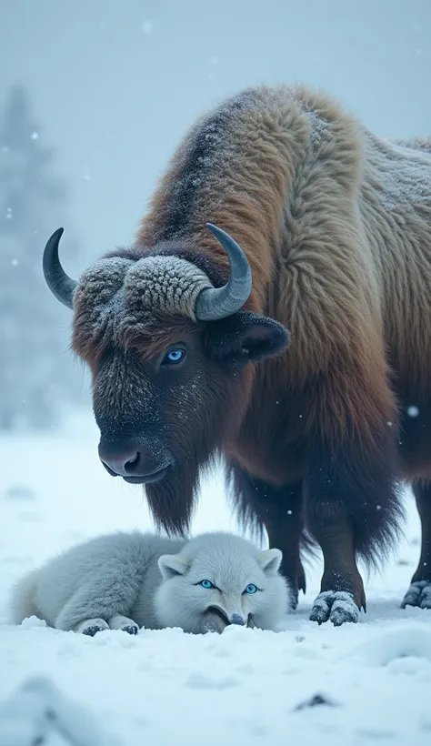 An ultra-realistic 4K image of the same musk ox standing over the fallen ice fox at the center of the frame. The ox’s thick, frosted fur and icy horns remain unchanged, and its imposing form towers over the small, defeated fox. The ice fox, with its shimme...