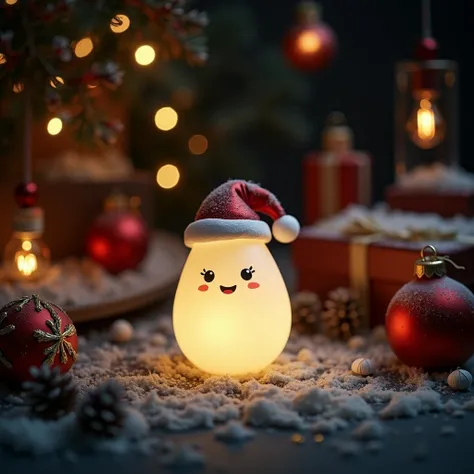 masterpiece, pitch-dark room ,,Focus on ornaments,milky white radish character (a Japanese radish character) Ornament , ornaments give off light , little Santa Claus hat,Highlight light and dark , contrast , high image quality