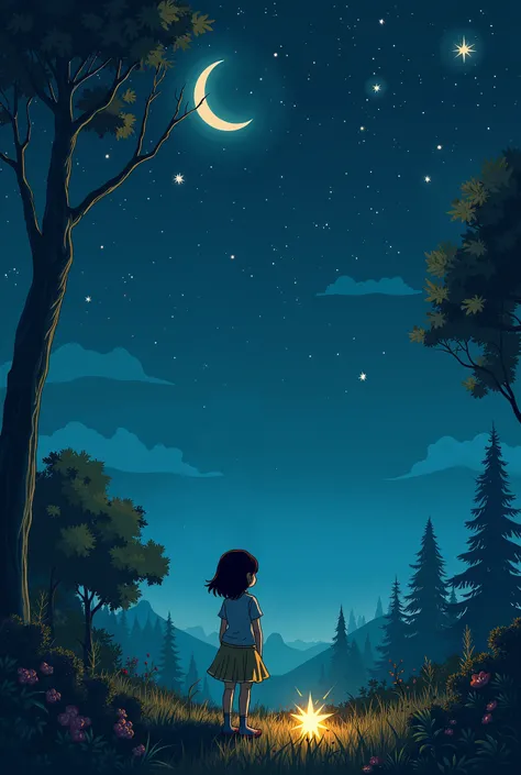 "The Lost Star"

In a quiet village, a young girl named Luna loved to gaze at the stars every night. One evening, a small, dim star falls from the sky and lands in her garden. It’s injured, flickering weakly.