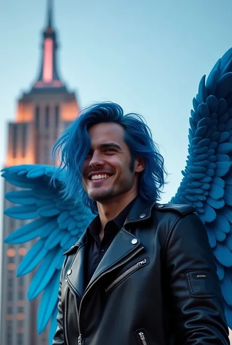 Cheerful 29-year-old American man , indigo eyes , with half-haired blue hair over the shoulders ,   leather clothing and angel wings with shades of blue and cobalt blue in the Empire State