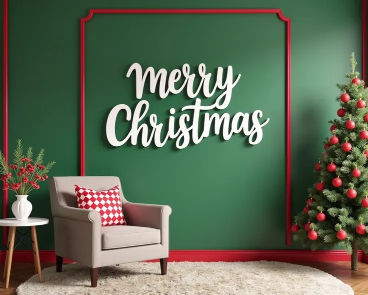 I want a green wall with vertical stripes in the color red Christmas decorations for the place I also want at least 15 white picture frames and I want a phrase written in the background written Merry Christmas