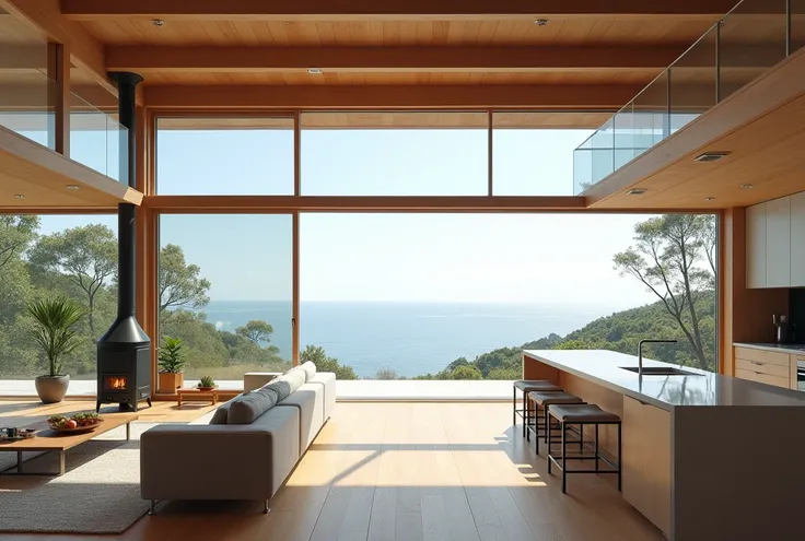 A modern Japanese home with a spacious, open-plan interior overlooking a serene seaside view. The house features floor-to-ceiling windows that flood the space with natural light, highlighting the wooden beams and natural materials used in the construction....