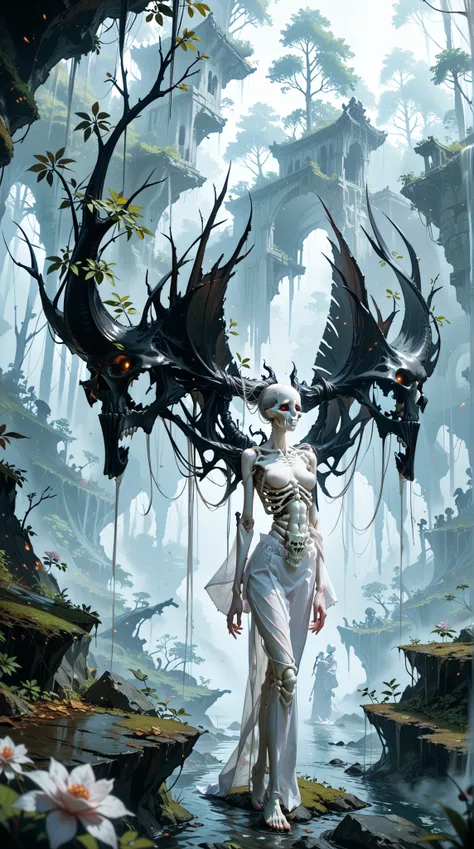 Fantasy Ghostly Monster ， Fleshless Bloodless Skeleton Girl ， with a clear and complete skeleton ， in Gorgeous Japanese Kimono ， is surrounded by a dark air all over her body， in the dark， Standing in a Misty Deep Forest Canyon，Sad looking at the front ，Fu...