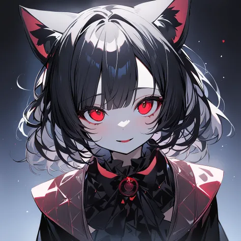  One girl , masterpiece,  top quality ,  cute、 girl, bangs,  black hair、 long、Cat ears、Red Eye、 more transparent eyes than light blue 、 open her mouth ,  smiles, 