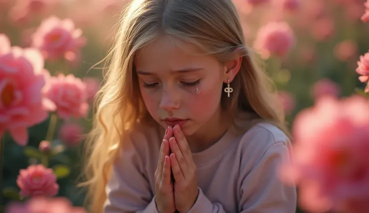 A beautiful blonde girl 13yo, wearing cross earrings,feeling sad while praying and elegantly wrapping around her hands in a prayer position, hands raised in worship, tears glistening on her cheeks sitting in the middle of a A vibrant pink blooming ,sad exp...