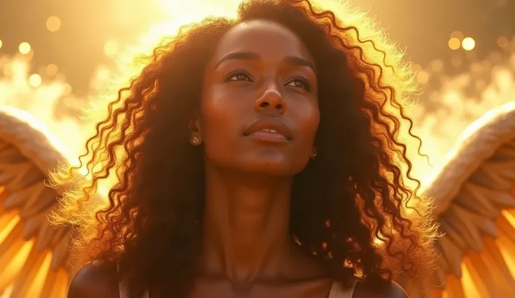 the spiritual awakening:  a dark-skinned woman ,  Long curly hair ,  with golden threads that capture the light of the heavenly sun.  She is in a clearing surrounded by angels ,  with its large, glowing wings surrounding , Creating an aura of protection. Y...