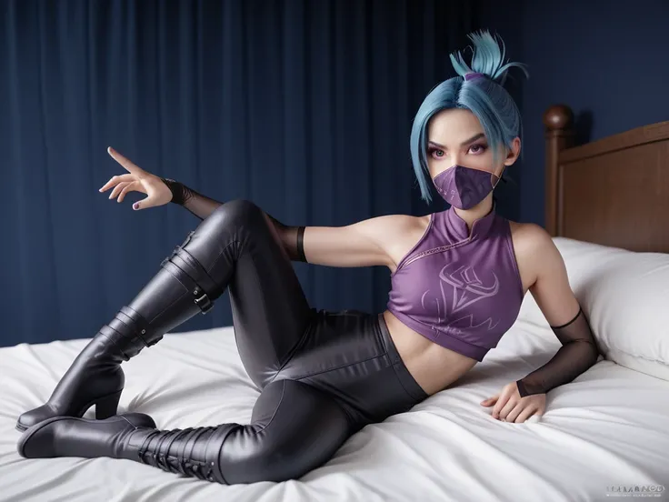 1girl, night thief, blue hair, folded ponytail, purple eyes, ninja mask, mouth mask, purple crop top, black shiny high waisted disco pants, black elbow gloves, thigh boots, lay down on the bed ,battle stance, look at the viewer, at bedroom
