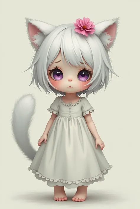 Create a girl with short white hair, cat ears and big fluffy tail ,  purple eyes,  with a pink flower as an ornament on her head,  white dress , Make her look a little sad worried 