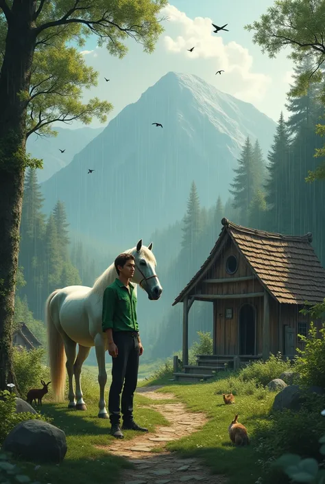 "Create a semi-realistic image of a young man standing near a charming wooden hut in a forest during daytime. The man is wearing a green shirt and black trousers, resembling the facial features of the individual in the provided reference image. Beside him,...