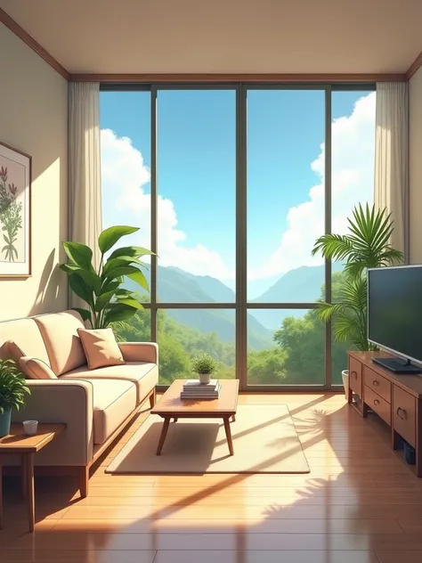 anime , living room background illustration 　 interior design that can be used by both men and women　Large windows offer views of the outside