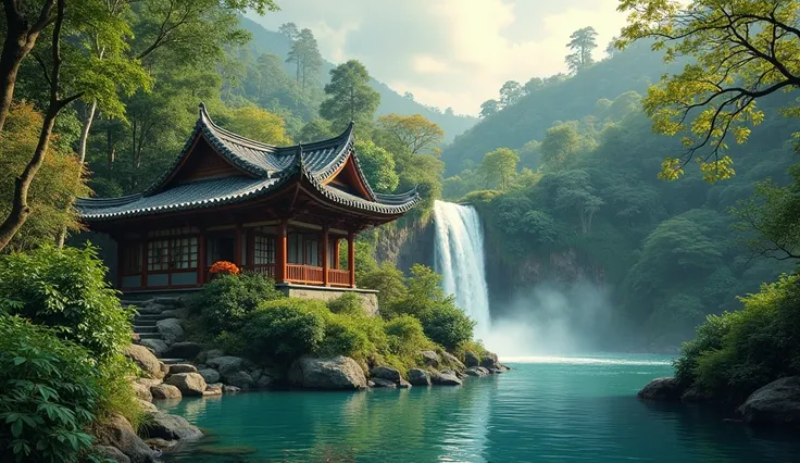 a Asian-style flower house under a lush green hillside, there is a rough splash waterfall beside the house, a photo of a rough splash lake at sunset atmosphere, heaven background, a rough splash of waterfalls, The beauty of Malay, clean image, forbidden be...