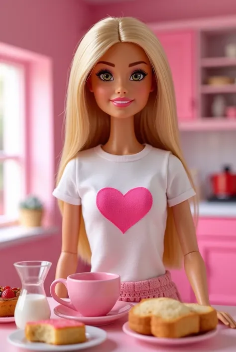  Realistic image of Barbie in a white t-shirt with a pink heart print on the front, long branch, having breakfast in a pink cup , breads, donuts, milk, fruits, toast, On the pink table ,  in Dreamhouses pink kitchen , 