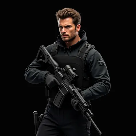 ( masterpiece), ( The best quality: 1.1) ( ultra detailed )  illustration style , (retrato: 1.1)  On a black background with no lighting POSING TURNED TO THE SIDE WITH A LONG-RANGE RIFLE AND A COLD, ANGRY EXPRESSION. 1 ATTRACTIVE SCULPTED MALE MAN LOOKING ...