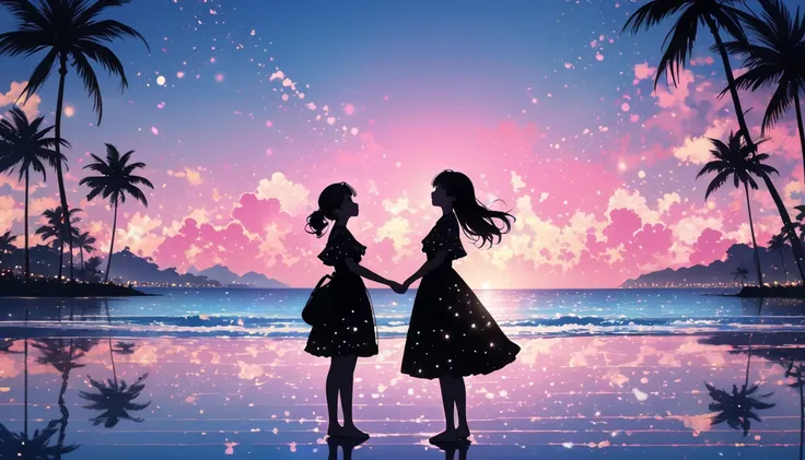 Beautiful profile　 and look up your profile　black human silhouette、I want people to be drawn very big　This image is、It depicts a black silhouette of a girl standing against a beautiful light blue sky and pink clouds。 The girl rises from near the horizon to...