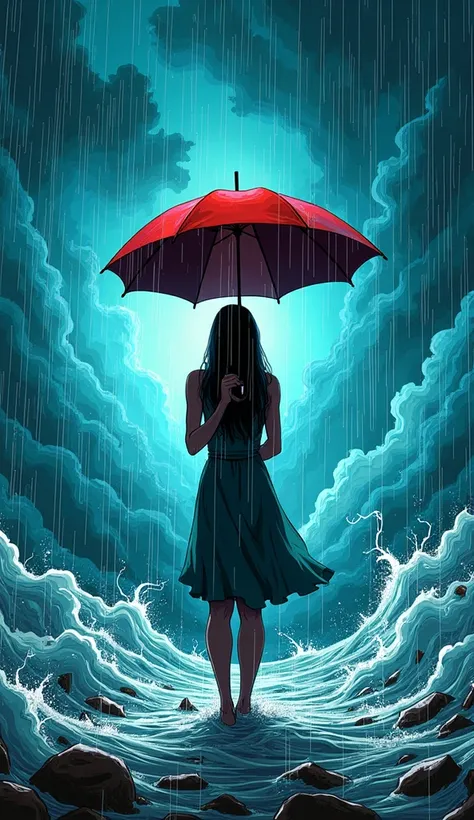 A serene figure standing in a storm, holding an umbrella, representing resilience, while the storm swirls dramatically around them, cartoon, comic book 80s