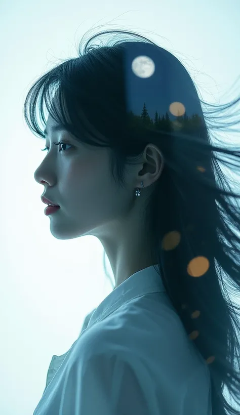  double exposure style ，Figure fortune screen 1/8，Editorial Photography,Korean Girls Have Beautiful Faces and White Clarity ，High quality 8k ultra HD ,  double exposure style  , beautiful Korean female face , long black hair fluttering in the wind ,gaze,In...