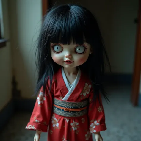  very creepy baby doll 、Horror、 open her mouth , bangs,  black hair,  very long hair, bangs, Disheveled Hair, Shake your hair, Super long hair, Hair in the eyes, Too much hair, Roll your eyes, White Eyes, White eyeball,  Crazy Eyes ,  crazy smile ,  very t...